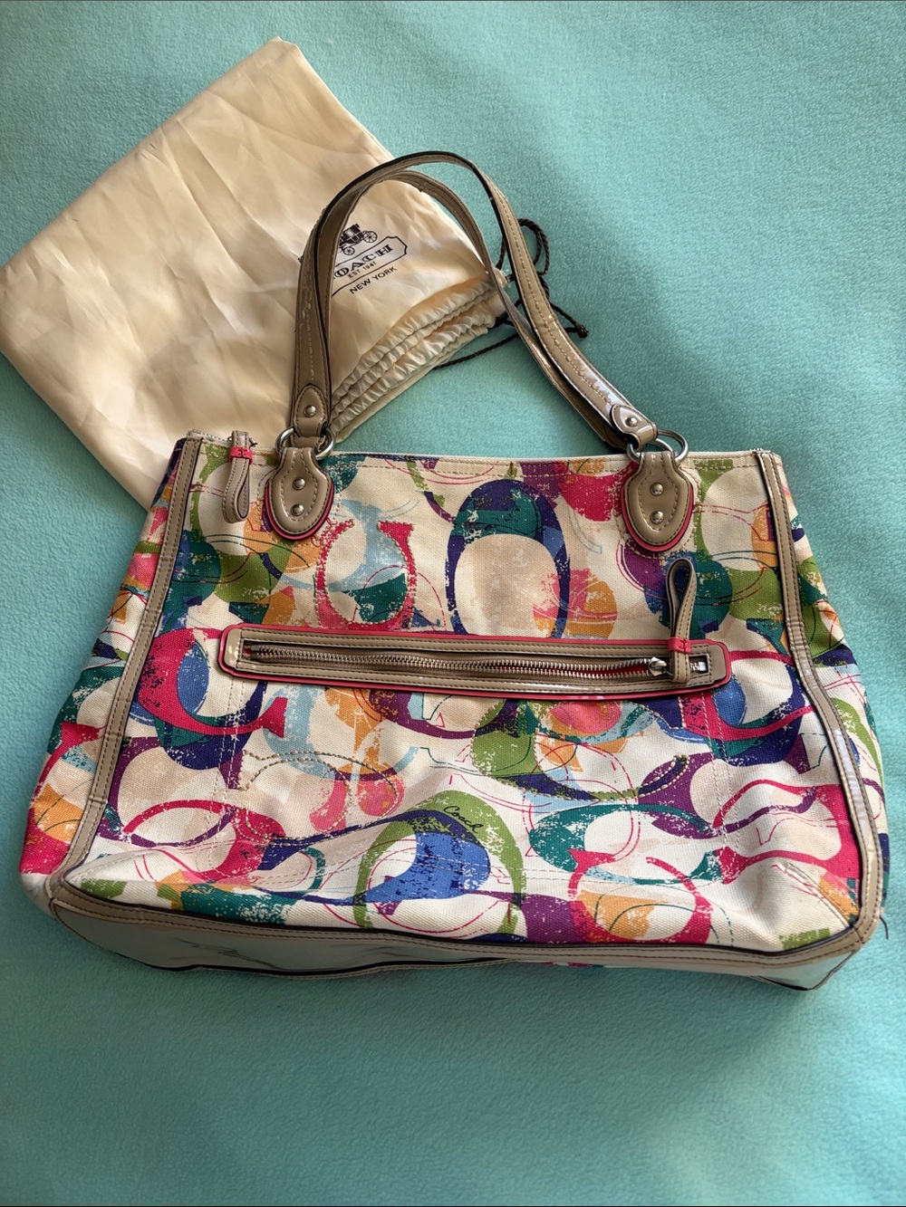Coach Multicolor Signature Circle Print Shoulder Bag with Neutral Trim